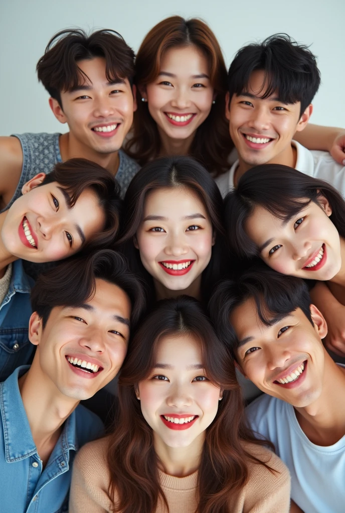 1 woman, 7 men, kpop artists, smiling, looking at front, everyone's face seen clearly like real people