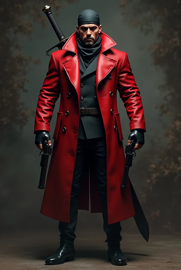 (photorealism:1.2), Create an anti-hero. that measures 1,87 cm, that is with a marked physique, that wears a red trench coat, a large sword on his back, Wearing black leather fingerless gloves, that on the sides of the legs, carry 2 revolver weapons. And that he is very handsome with the bandana on. Let the bandana be black and black in color, somewhat tight, it lets you see the shape of the face.