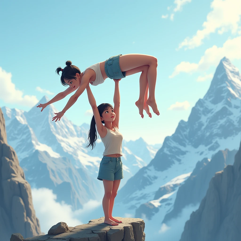 Cute  Girl lifting a man high over her head with one strong arm. She is standing on a cliff with tall Mountains in the background. 