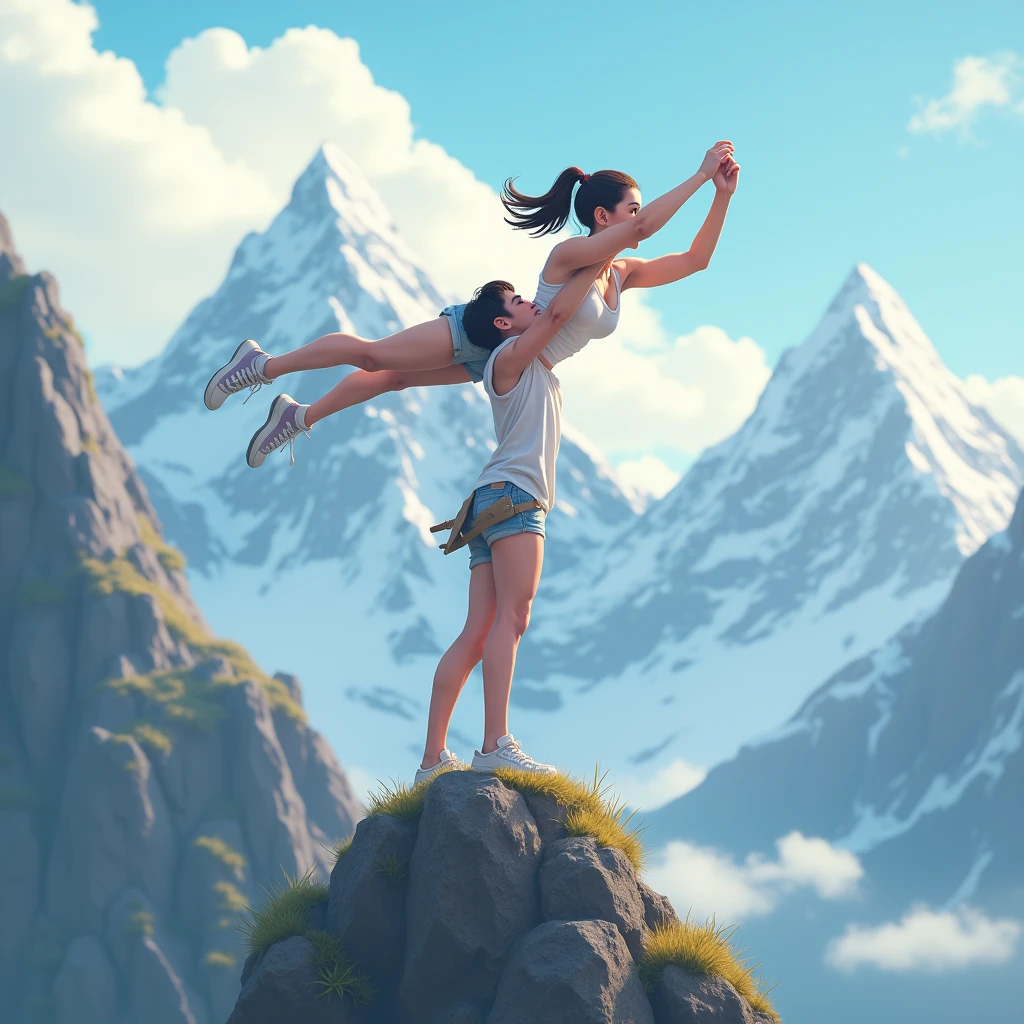 Cute teen Girl lifting a man high over her head with one strong arm. She is standing on a cliff with tall Mountains in the background. 