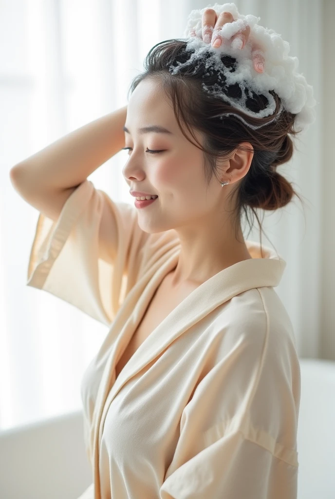 Create an Asian middle-aged beauty,Cute large and buttockhigh collar thin ice silk bathrobe,Scratching the scalp with both hands,Two hands washing hair on top of head,There is a lot of foam on the head,Foam wrap head,Realistic foam,The expression is happy,Upper Body,The characters are realistic and realistic,Pure white background,Character front position,9:16 frames,Ultra-high-definition picture quality
