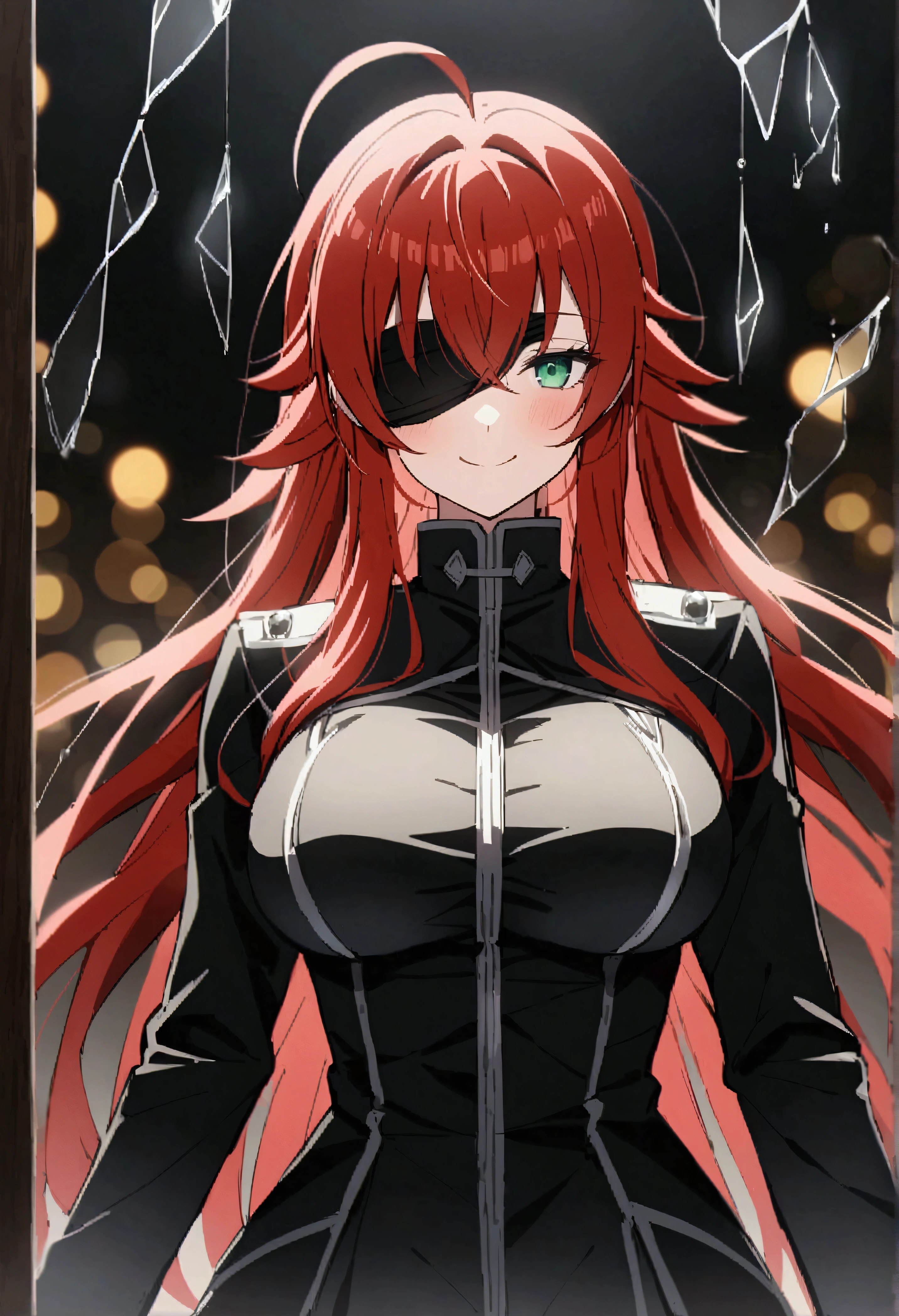 Rias Gremory、Huge ahoge、Long Hair、Hair between the eyes、Green Eyes、Redhead、smile、Big Breasts、score_9、score_8_up、score_7_up、Real、Bokeh、Depth of written boundary、IncrsXLBrknGls、Broken glass、reflection、Upper body Gojo Satoru、Gray Hair、Black blindfold、Black jacket、High collar、Long sleeve、One Boy、顔にBlood、Blood、服にBlood、Bloodしぶき、