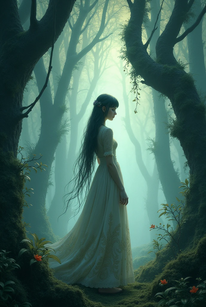 A girl standing alone in a strange forest long hair and long frock