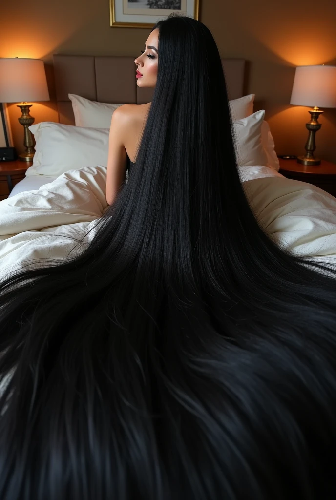 Super Long Hair Contest Winner、Full body photo、Head to toe photos、Taken from about 4 meters away、ultra-realistic、The longest black hair in the world、Hair longer than Rapunzel、She has very long black hair that covers her entire body...、Hair that is shampooed every day is so beautiful、I&#39;s hair isバラの香りがして、My very long black hair makes me look sexy.、My charm is my long black hair、Long black hair is a symbol of beauty、I&#39;I am proud of my long black hair、This long hair length and volume is admired around the world.、Her very long black hair is fanned out、Smooth black hair that flows from shoulders to floor、I have a lot of hair、Cover the entire bed with hair、Hide your hands with your long hair、Hide your fingers with your long hair、A storm of black hair about to overflow from the screen、,Full body photo,超Super long hair、naked、the most Beautiful Hair in the world、Lie on your back in bed、Long hair covering her vagina、White underwear or naked、Cover the whole body with straight hair、Very beautiful face、beautifully styled black hair、Very large amounts of hair、Super long hair that accentuates femininity&#39;sexly、Slim figure、Beautiful and shiny hair、Bright lighting、Professional Lighting、Full body photo、Black hair contest winner、the place is a bedroom、My hair is reaching the floor and dragging、Full of black hair、She is leaning on the bed, Show off your long hair.、The bed is full of hair、Long black hair covers the whole body、Super long hair、Best image quality、highest quality、Highest Resolution、Ultra-realistic photos、Full body photo、1 girl、Very beautiful face、 Real Photo、Live-action,((large breast:1.6)), (((diamond shape body)), (((open legs))) 
