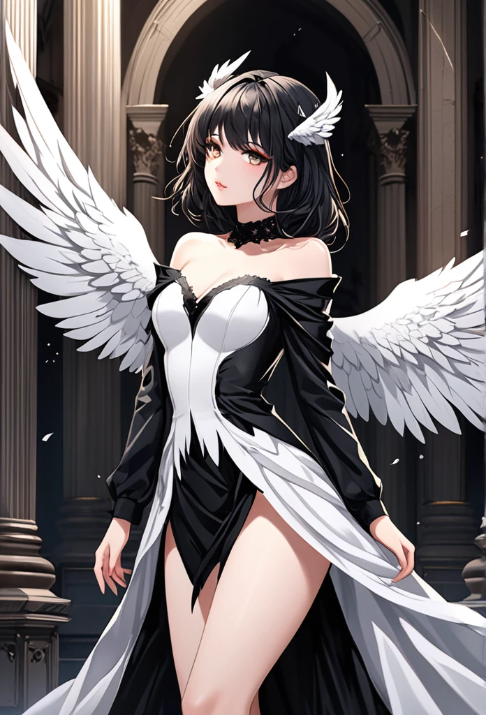 Highest quality,beautiful girl,Fallen angel with white and black wings