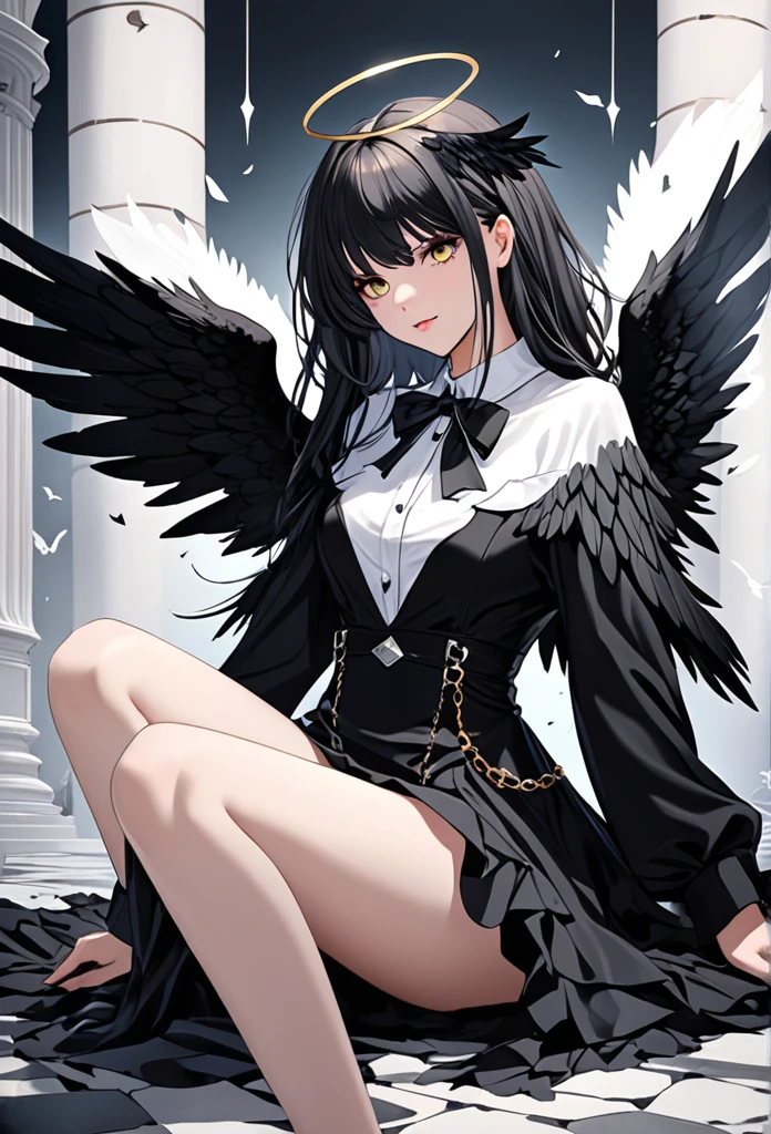 Highest quality,beautiful girl,Fallen angel with white and black wings