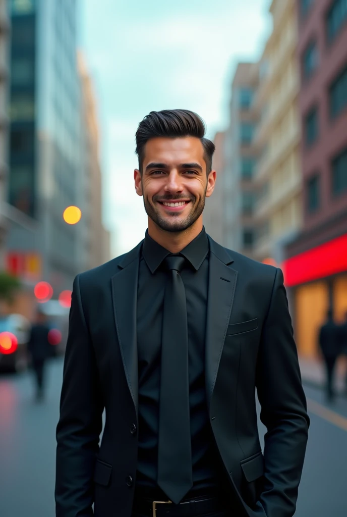 Italian 30 year old man , dark short hair with fade, black suit,confident expression,sharp jawline,Vibrant skin,smiling,pretty face,standing pose,Cityscape,Professional studio lighting,realisti,To Ferrari, photorealisti:1.37,Portraits,Vivid colors,cooler Ton,Soft lighting