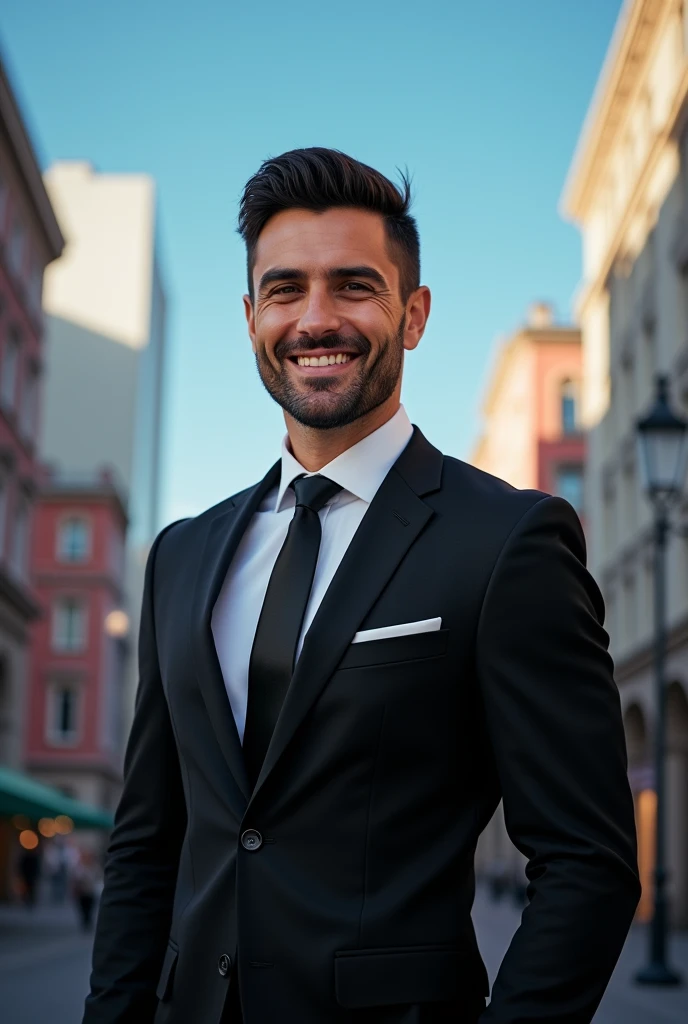 Italian 30 year old man , dark short hair with fade, black suit,confident expression,sharp jawline,Vibrant skin,smiling,pretty face,standing pose,Cityscape,Professional studio lighting,realisti,To Ferrari, photorealisti:1.37,Portraits,Vivid colors,cooler Ton,Soft lighting