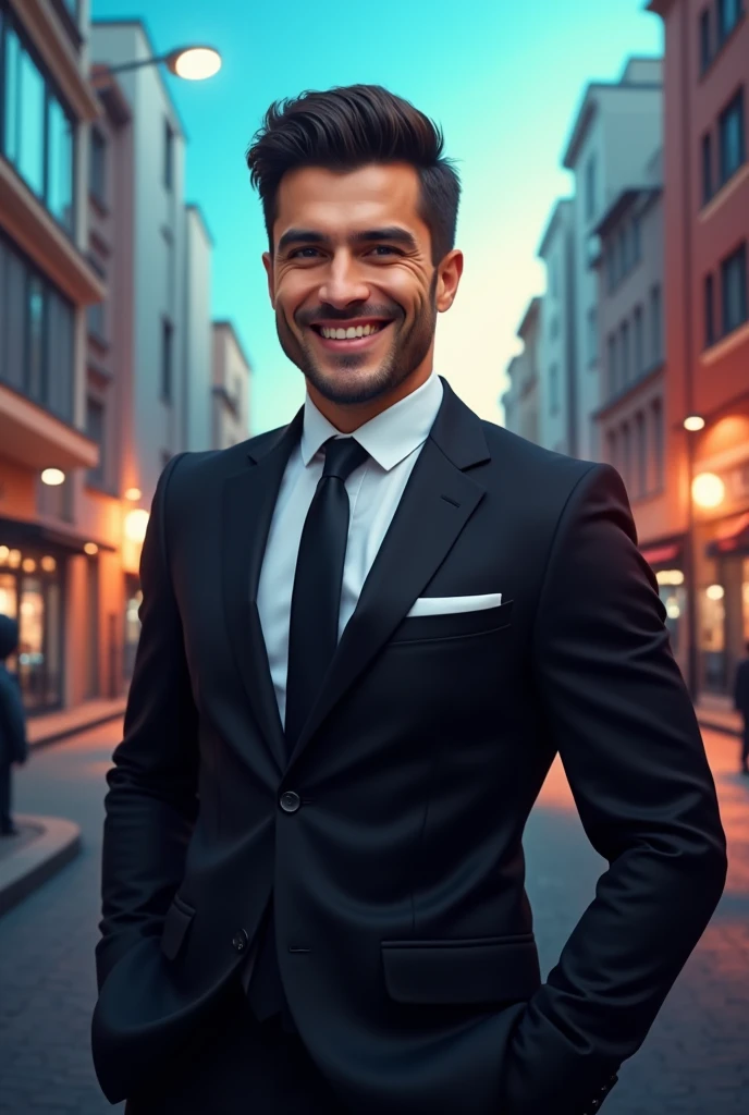 Italian 30 year old man , dark short hair with fade, black suit,confident expression,sharp jawline,Vibrant skin,smiling,pretty face,standing pose,Cityscape,Professional studio lighting,realisti,To Ferrari, photorealisti:1.37,Portraits,Vivid colors,cooler Ton,Soft lighting