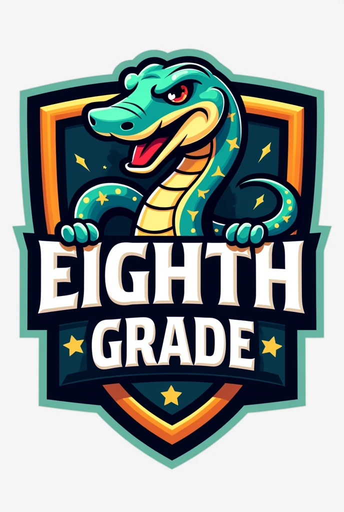 Create a football team shield with the name eighth grade and interclass underneath with a snake as a cartoon mascot