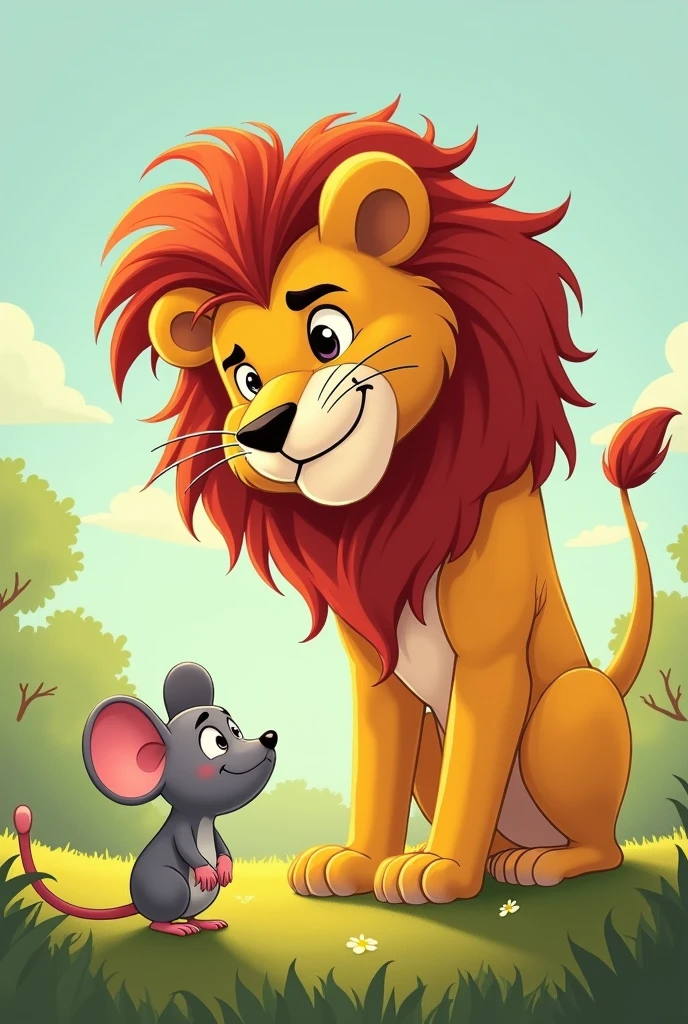 Children Pictures Story: Lion laughs at mouse and points at it, because she is small . He looks at her. The mouse is sad and lets her ears hang 
  