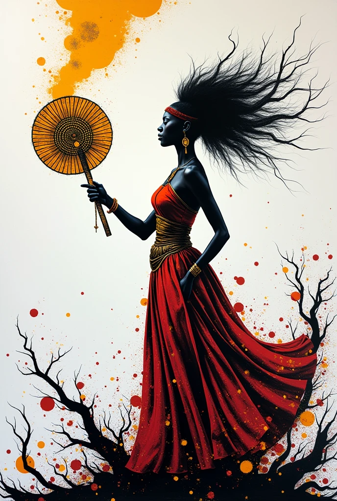 Create colorful Bansky-style art for poetry:
IANSÃ commands the winds And the strength of the elements At the tip of her florin She is beautiful When the sky rushes Always the beginning and the end Black skin White background