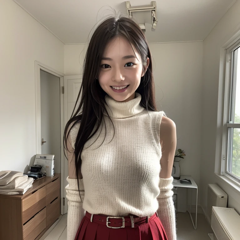 Masterpiece、8k、Very realistic、Japanese、One person、woman、Very sick、Flat Chest、tall、whole body、38 years old、Hairstyle：Berry Short、In your room at home、The best smile、clothing：White turtleneck sleeveless sweater and light red skirt(1.4)、Sweaty、Wet、Tidying up and cleaning the room、