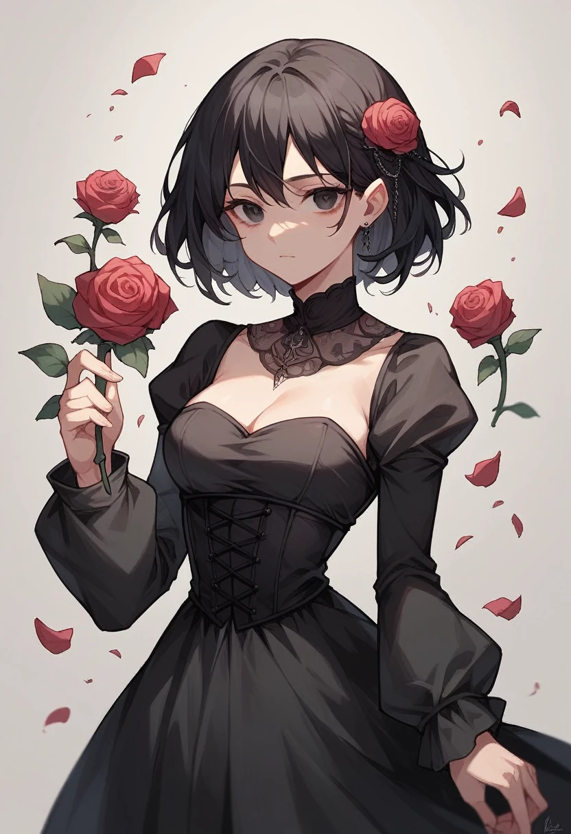 Girl in a black dress with long black sleeves, rose on the eye, Roses on the dress, black hair, black eyes