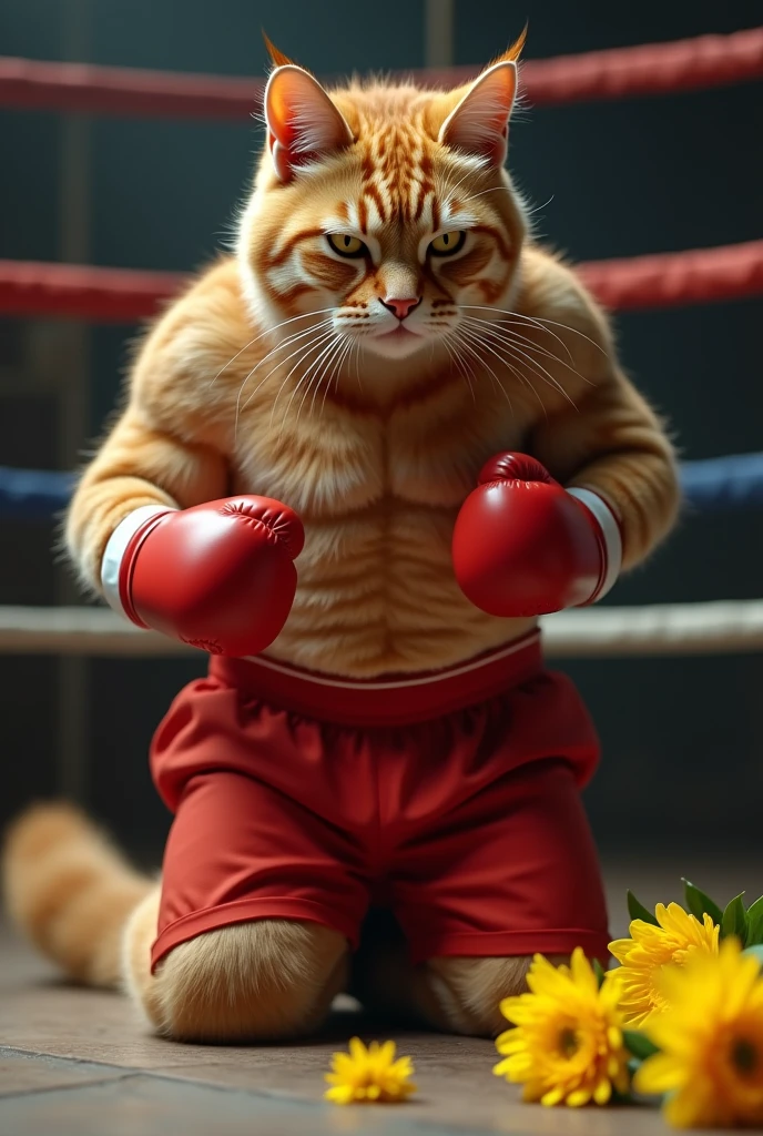 "Epic anthropomorphic boxing match: a muscular cat in medium red pants, on his knees looking at the floor, the bouquet of yellow flowers on the floor, amazement." 8k, high resolution, well-groomed hair