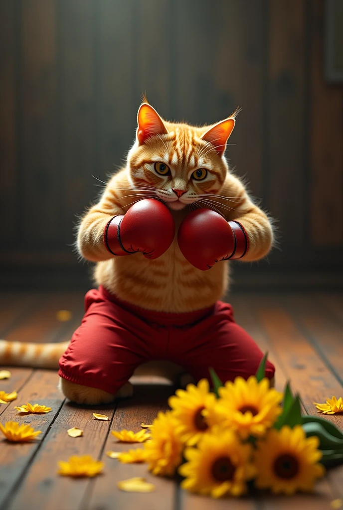 "Epic anthropomorphic boxing match: a muscular cat in medium red pants, on his knees looking at the floor, the bouquet of yellow flowers on the floor, amazement." 8k, high resolution, well-groomed hair