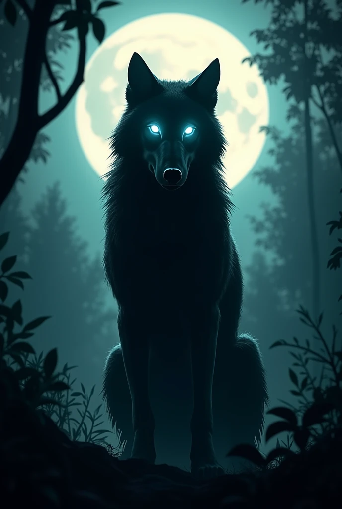 (Photorealism) silhouette of a wolf staring intently with glowing eyes. full moon background and jungle bias