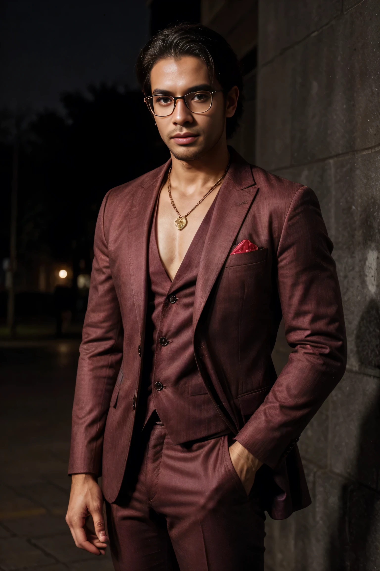 attractive mysterious northeastern Brazilian man with elegant formal attire in a red suit that fits perfectly on his fit physique with well-groomed modern hair with glasses and a gold necklace , on a university campus , the night 