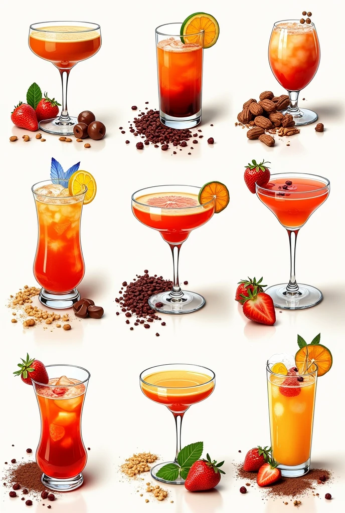 Collage of 9 drawings. Each picture shows a cocktail in a beautiful glass..
With various snacks nearby , with nuts, raisins, Strawberries..
Sprinkled chocolate Brand Lux. Restaurant bright light. summer joy