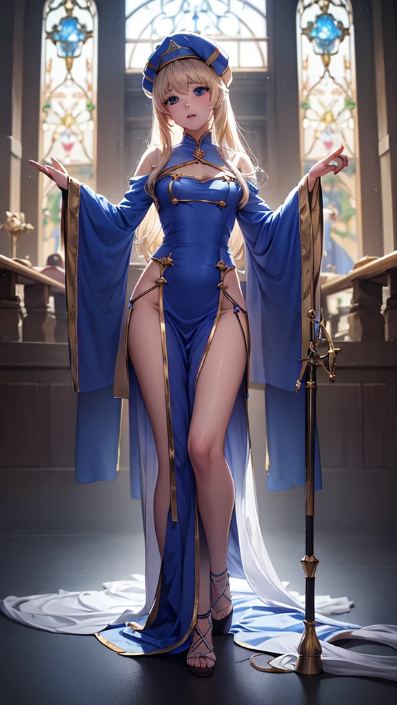 Masterpiece, highest quality, solo, (perfect face: 1.1), (high detail: 1.1), dramatic, dynamic pose, 1girl, breasts, blonde, bright blue eyes, solo, cleavage, delicate and characteristic pretty face, long hair, curved, small breasts, hanfu, thighs, intricate patterns, bare shoulders, slender and tall figure, pink lips, covering, robes, sleeping, legs splitting, castle, night, moon, detailed background, artgerm and greg rutkowski art, artgerm and greg rutkowski art, cinematic lighting,