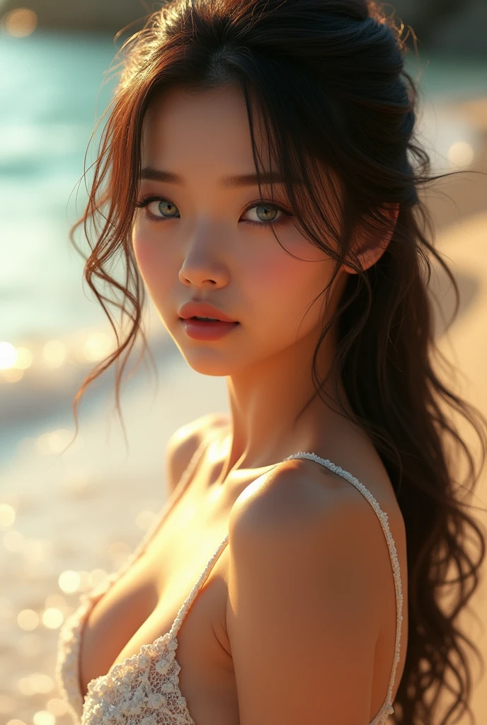 Sexy Asian brunette with blue eye at the beach