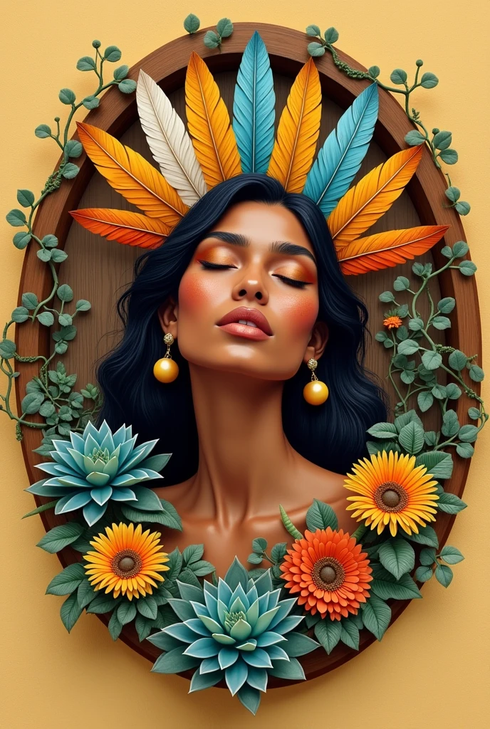 Illustration of the face of a Colombian indigenous woman with cinnamon-colored skin, closed eyes, touched with orange, yellow, Aquamarine and ochre colored feathers, surrounded by flowers, Succulents and creepers in a wooden circle on a sandy yellow background