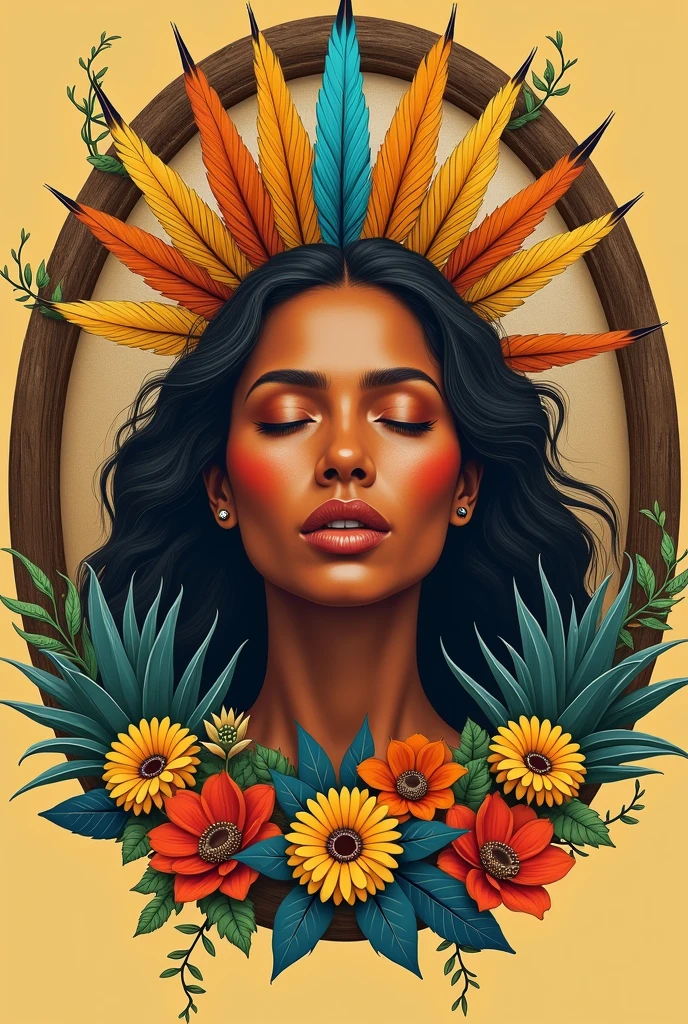 Illustration of the face of a Colombian indigenous woman with cinnamon-colored skin, closed eyes, touched with orange, yellow, Aquamarine and ochre colored feathers, surrounded by flowers, Succulents and creepers in a wooden circle on a sandy yellow background
