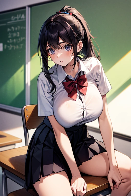 masterpiece,Highest quality,Highly detailed face,(((A slim and sexy girl))), ((1boy and 1girl are having sex)),((Cum there)),(((cowgirl position, girl on top:1.3))),(Black hair ponytail), (((Huge breasts)))、Erect nipples、 (((White shirt、Pleated skirt:1.4))),((straddling a man:1.5))、((Painful face))、Heart symbol、excited、White Breath、(((SEX in the classroom)))、(Sweat:1.2)、Nervous、Heart symbol