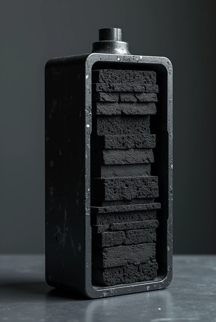 (Photorealism:1.2), power battery com camadas de carvão ativado deve ser retratada como escura e porosa, The battery must be in an open case to reveal the internal structure and allow moisture absorption., (power battery)