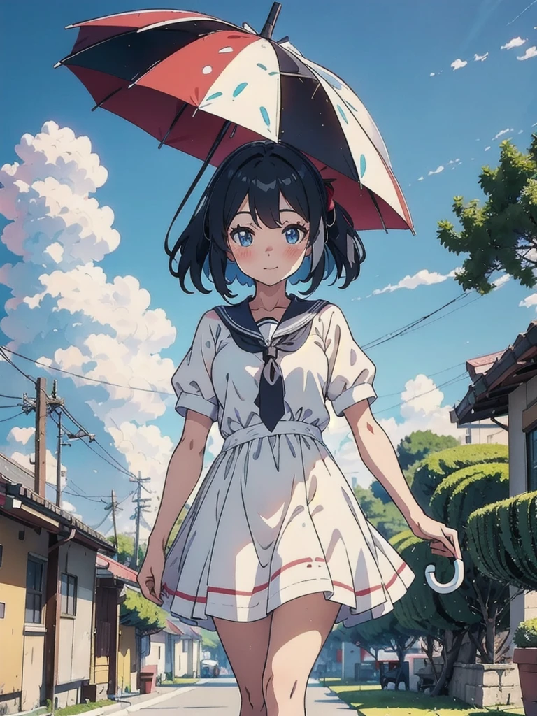 Anime girl in a white dress flying in the sky with an umbrella, Stylized anime, render of a cute 3D Animation, Anime Styled 3d, Anime Style, , Smooth anime CG art, Anime Style. 8k, Summer sky, Nico in a white dress, vr chat, Anime Moe Art Style, 3D Animation, Azur Lane Style