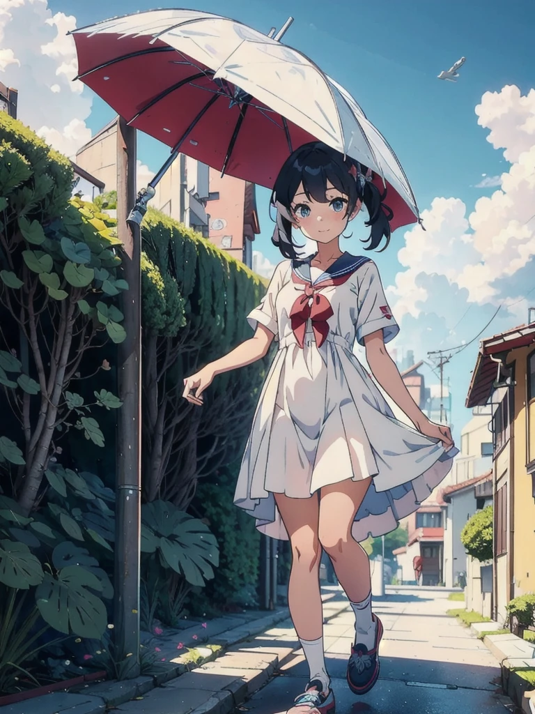 Anime girl in a white dress flying in the sky with an umbrella, Stylized anime, render of a cute 3D Animation, Anime Styled 3d, Anime Style, , Smooth anime CG art, Anime Style. 8k, Summer sky, Nico in a white dress, vr chat, Anime Moe Art Style, 3D Animation, Azur Lane Style