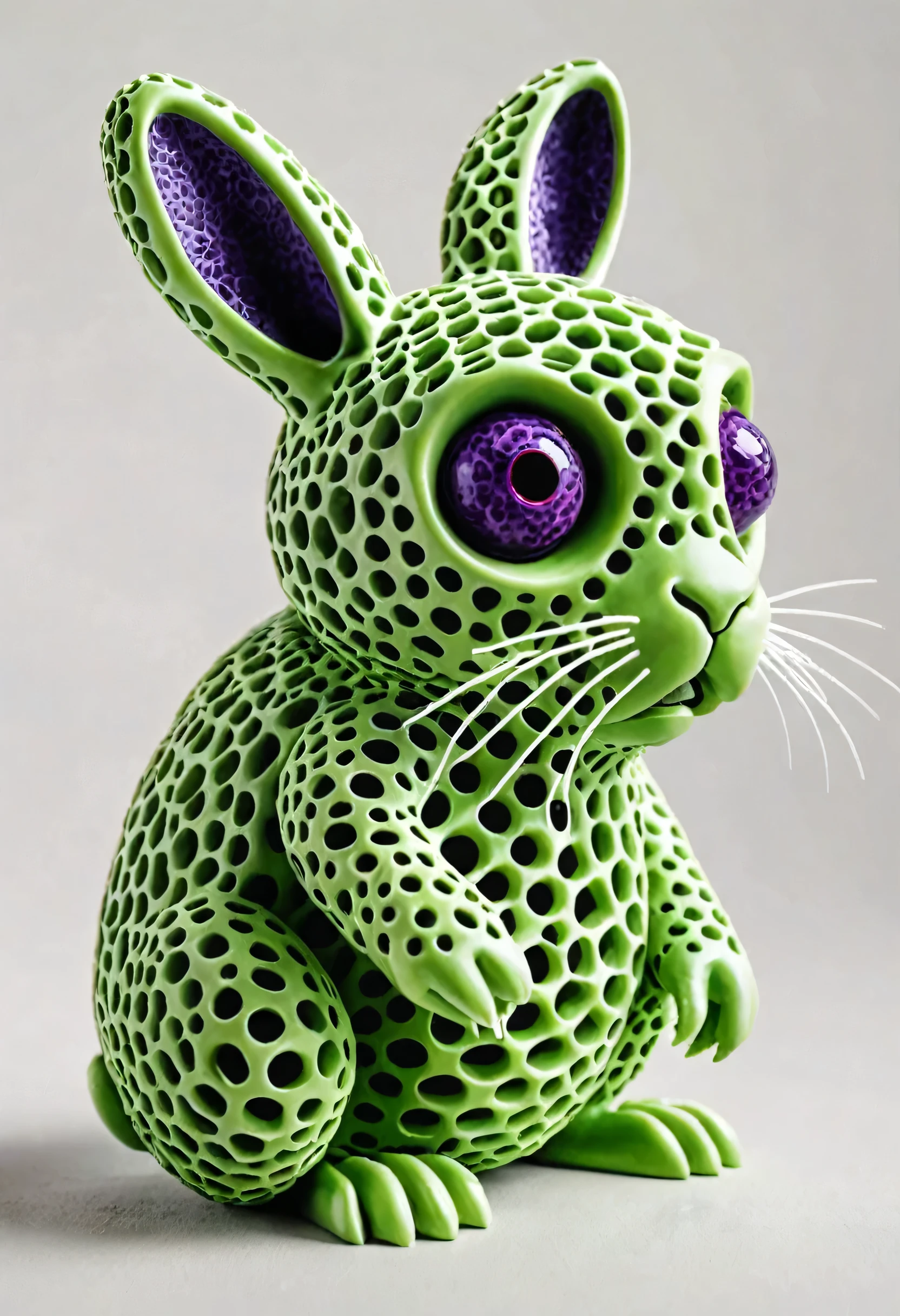 Raw photo, 8k uhd, dslr, soft lighting, high quality, film grain, Fujifilm XT3, distant satellite RAW photo of a sculpture of a sponge-like organism ((synthetic hollow cyborg green rabbit with purple eyes)), skinless face, perforated marble porcelain, (animal inside), breathtaking dynamic pose, ((white background)), (sharp focus, hyper-detailed, highly intricate), natural lighting