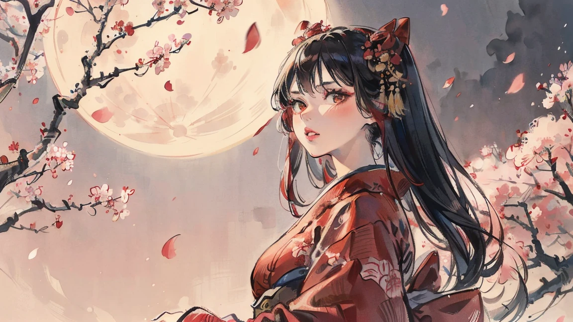(((beautiful girl))), (((red cheek))),(((Pixie Cut))) ,(((shoot from below))),(((from side))),(((Gazing Skyward))),(((night))),(Lips are red:1.5), (((Cherry tree))),(((満開のCherry tree))),(((Watching the cherry blossoms))), (((Watching the cherry blossoms))),(((Watching the cherry blossoms))), (((Watching the cherry blossoms))),  (((Watching the cherry blossoms))),(((Watching the cherry blossoms))),20-year-old, Watercolor, masterpiece, Highest quality, Very delicate and beautiful girl,Very delicate and beautiful, world masterpiece theater, Super detailed, Very detailedな, Highest quality,(((fancy red kimono)))。(((fancy red kimono)))。(((fancy red kimono)))。(((fancy red kimono)))。(((fancy red kimono)))。(((fancy red kimono)))。(((fancy red kimono)))。(((fancy red kimono)))。 (((Black Hair))), (((Black Hair))), (((Black Hair))), (((Upper Body))), (((Upper Body))), (((Upper Body))), (((Upper Body))), (((Upper Body))), (((Upper Body))), High resolution, Very detailed,5 , Highest quality, figure, masterpiece, Highest quality, Accuracy, A woman in her twenties from the late Edo period.。(((fancy red kimono)))。 。In the style of old Japanese paintings with low saturation、The women look like modern anime characters..、She has a bit of Kabuki makeup on..。Strong 2D feel。night。background,  (((Huge full moon))),(((Huge full moon))),(((Huge full moon))),(((Huge full moon)))