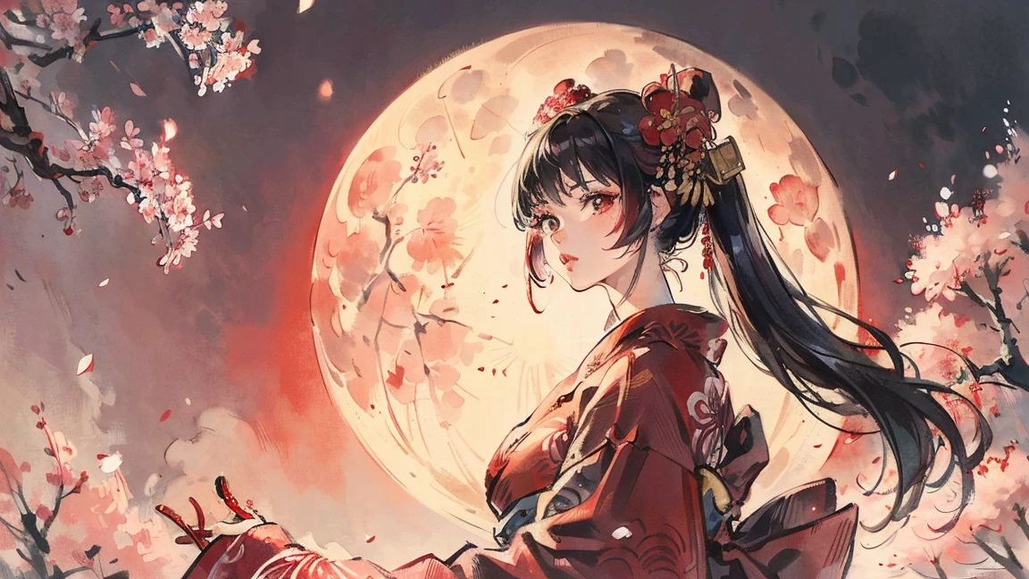 (((beautiful girl))), (((red cheek))),(((Pixie Cut))) ,(((shoot from below))),(((from side))),(((Gazing Skyward))),(((night))),(Lips are red:1.5), (((Cherry tree))),(((満開のCherry tree))),(((Watching the cherry blossoms))), (((Watching the cherry blossoms))),(((Watching the cherry blossoms))), (((Watching the cherry blossoms))), (((Watching the cherry blossoms))),(((Watching the cherry blossoms))),20-year-old, Watercolor, masterpiece, Highest quality, Very delicate and beautiful girl,Very delicate and beautiful, world masterpiece theater, Super detailed, Very detailedな, Highest quality,(((fancy red kimono)))。(((fancy red kimono)))。(((fancy red kimono)))。(((fancy red kimono)))。(((fancy red kimono)))。(((fancy red kimono)))。(((fancy red kimono)))。(((fancy red kimono)))。 (((Black Hair))), (((Black Hair))), (((Black Hair))), (((Upper Body))), (((Upper Body))), (((Upper Body))), (((Upper Body))), (((Upper Body))), (((Upper Body))), High resolution, Very detailed,5 , Highest quality, figure, masterpiece, Highest quality, Accuracy, A woman in her twenties from the late Edo period.。(((fancy red kimono)))。 。In the style of old Japanese paintings with low saturation、The women look like modern anime characters..、She has a bit of Kabuki makeup on..。Strong 2D feel。night。background, (((Huge full moon))),(((Huge full moon))),(((Huge full moon))),(((Huge full moon)))