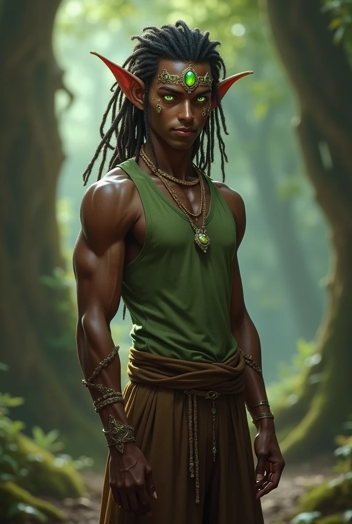 Male alf
brown skin
Glowing green eyes
Dark brown dreadlocks
Short pointed ears with many jewels
smooth skin
A bit pointed face
Slim and slightly muscular
brown wide pants 
A simple green shirt 
6.9 fut tall
slightly heppy
fantasy dnd lord of the rings