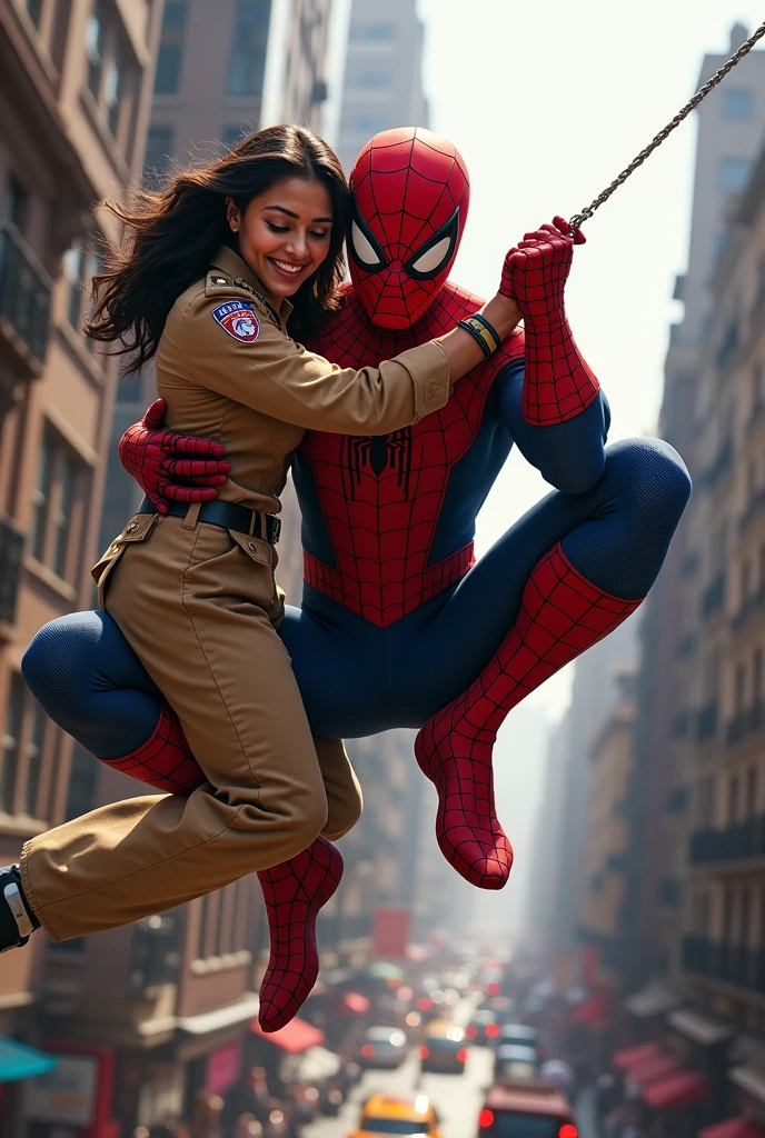 Spider-Man is swinging through the air, his web attached to a nearby building, as he carries an Indian woman in his arms. The woman is dressed in a traditional Indian police uniform, her expression a mix of surprise and amazement as she clings to Spider-Man. The scene captures the moment just before they land, with Spider-Man's suit taut and muscles flexed, while the bustling urban landscape below adds to the excitement and intensity of the moment."