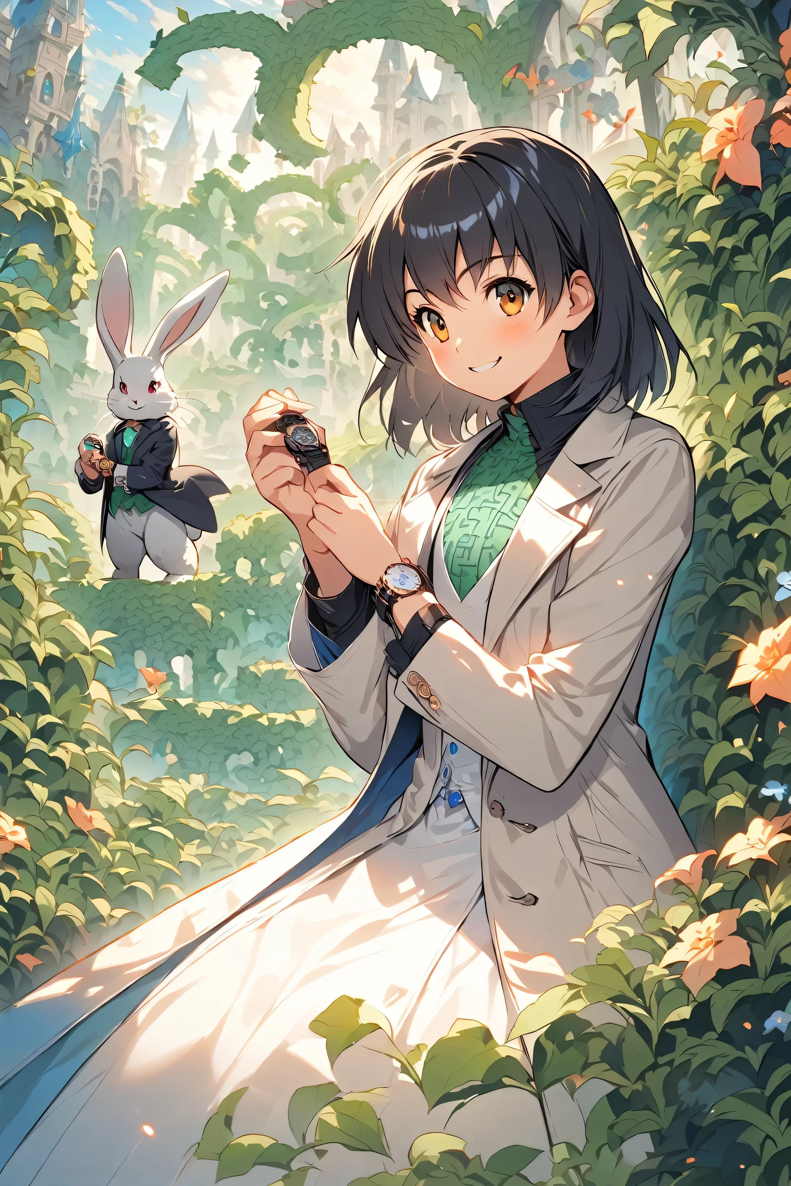 (One Woman,15 years old,((smile)),Black Hair,dress)(A bipedal rabbit wearing a morning coat and holding a watch),((,(Fantasy,Green hedge maze))