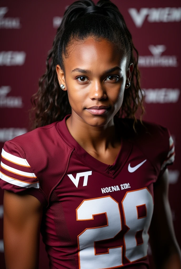 A photo of Jeanette Laurent, a cornerback for the female Virginia Tech Hokies football team. Number 28.