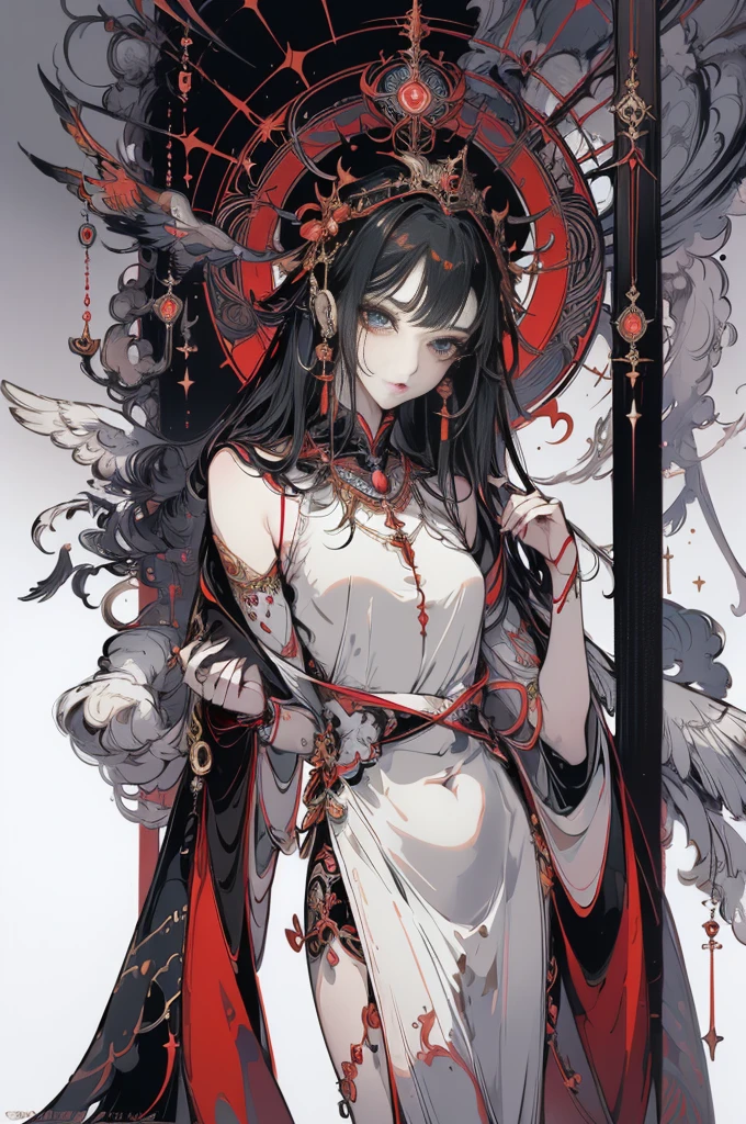 (Designed by nty:1.4),Full body portrait of 1 girl, Yoshitaka Amano character design,solo,Angelic, symmetric beauty, Gorgeous long dress, Stood up, (((solo))), Colorful collocation,Clear facial features, Clean line design, Magical elements, future-tech, ((tarot card background)), Standing figure of the figure, ((flatcolors)), (tmasterpiece,top-quality,Best quality at best,Ultra-high resolution), ((exquisite facial features,Clear facial features,beautidful eyes,beauitful face))