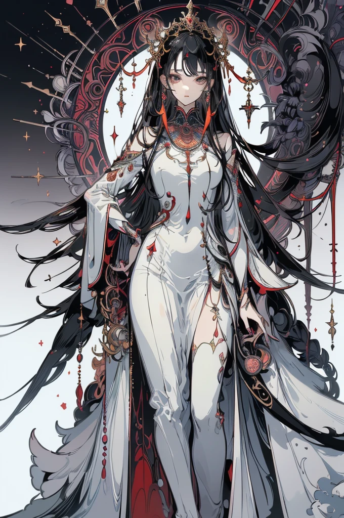 (Designed by nty:1.4),Full body portrait of 1 girl, Yoshitaka Amano character design,solo,Angelic, symmetric beauty, Gorgeous long dress, Stood up, (((solo))), Colorful collocation，Clear facial features, Clean line design, Magical elements, future-tech, ((tarot card background)), Standing figure of the figure, ((flatcolors)), (tmasterpiece，top-quality，Best quality at best，Ultra-high resolution), ((exquisite facial features，Clear facial features，beautidful eyes，beauitful face))