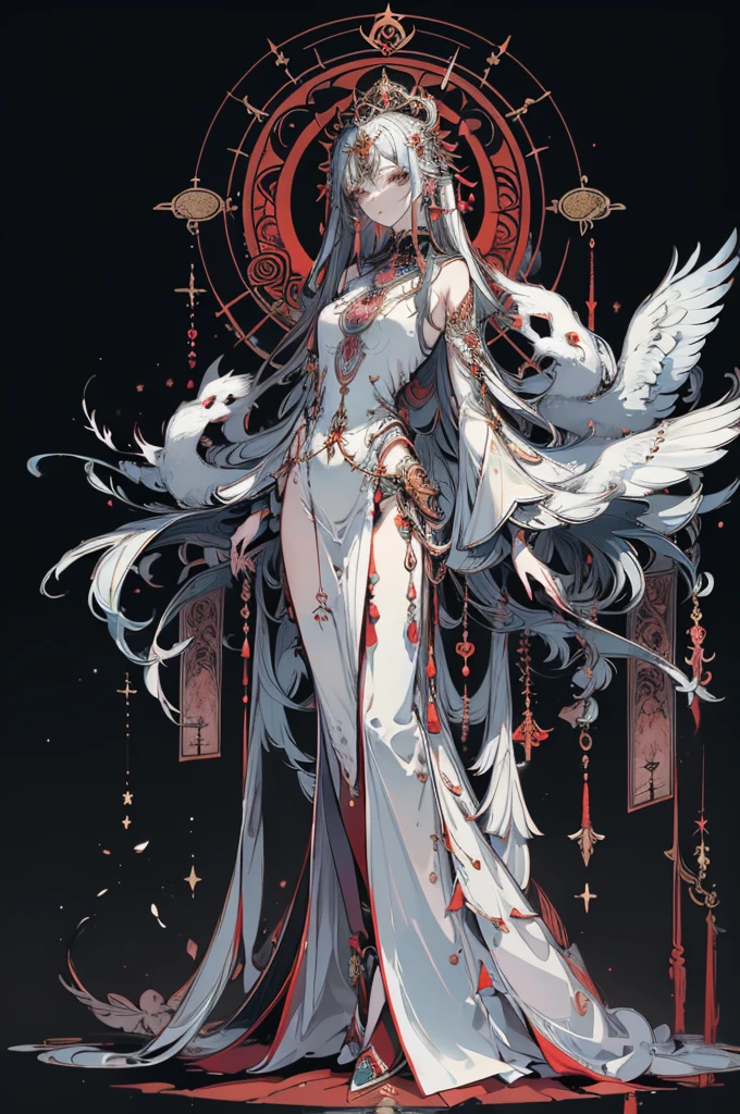 (Designed by nty:1.4),Full body portrait of 1 girl, Yoshitaka Amano character design,solo,Angelic, symmetric beauty, Gorgeous long dress, Stood up, (((solo))), Colorful collocation,Clear facial features, Clean line design, Magical elements, future-tech, ((tarot card background)), Standing figure of the figure, ((flatcolors)), (tmasterpiece,top-quality,Best quality at best,Ultra-high resolution), ((exquisite facial features,Clear facial features,beautidful eyes,beauitful face))