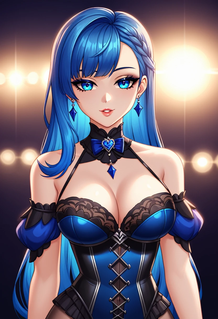 (Digital Art:0.2),(Highest quality),(masterpiece),Delicately painted face,She had a beautiful face.,Beautiful and exquisite blue eyes,Gothic Fashion,((Black and blue costume)),(Beautiful silky blue hair:1.2),Cinema Lighting,Abstract,Beautiful artistic illustration、Character portrait、Facing forward、vtuber