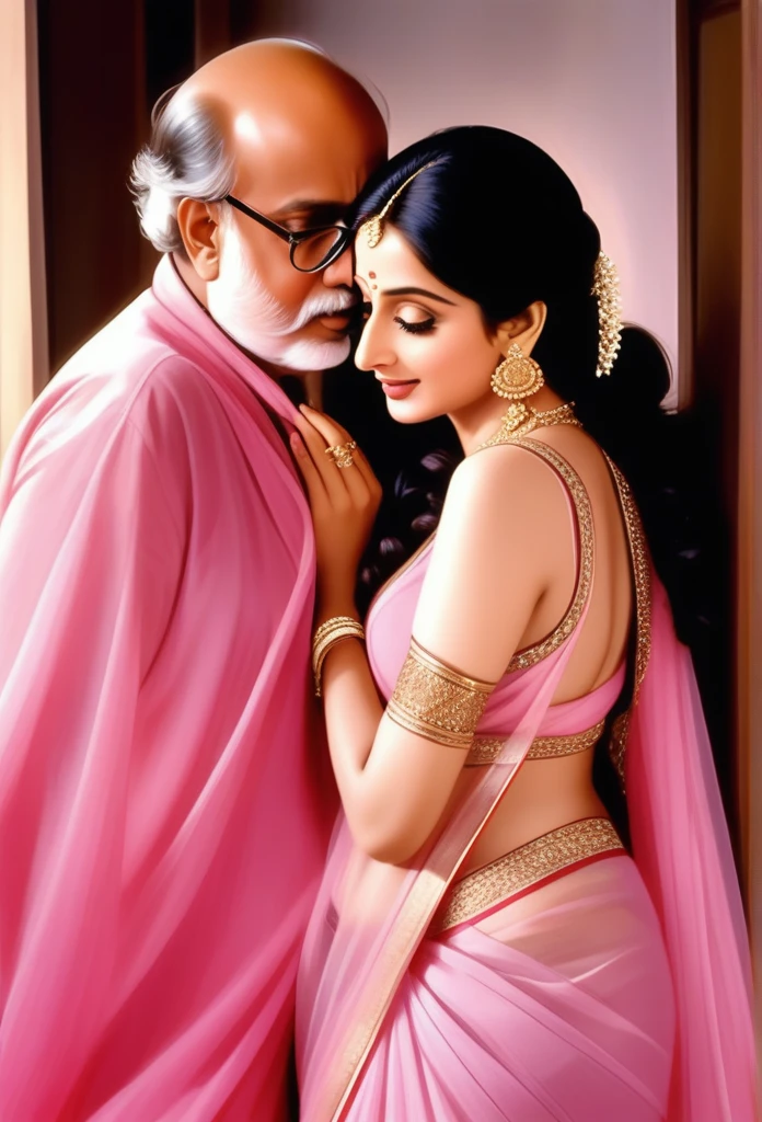 Renowned  actress sridevi kapoor at the age of 28 wearing a provocative pink saree deep french kissing with a ugly bald old man embracing each other,big round ass,braless,backless, tassel earrings, long hair ponytail , saggy breasts , 