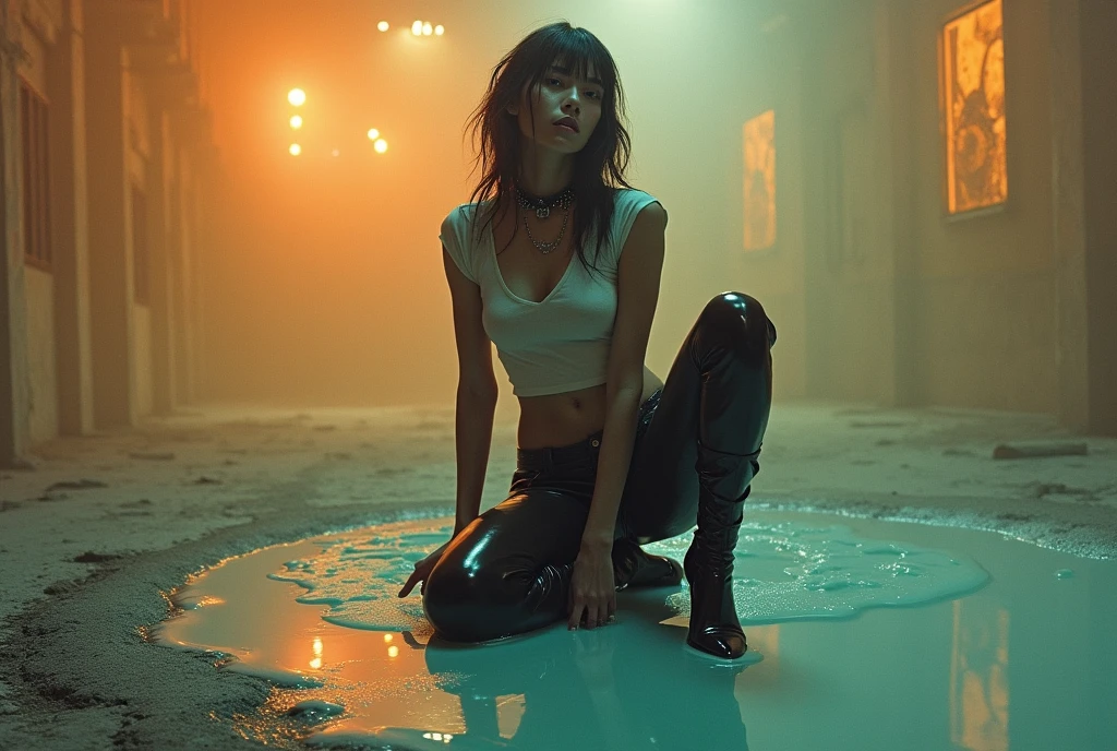 70s setting, grainy analog film, abstract art, stylish legend, epic artwork, conceptual art, fallen, drama, indulges in fetish, rubber black stockings, vintage liquid jeans cut-offs, t-shirt, slave collar, heels, kneeling in slime puddle, orange blue, black, void