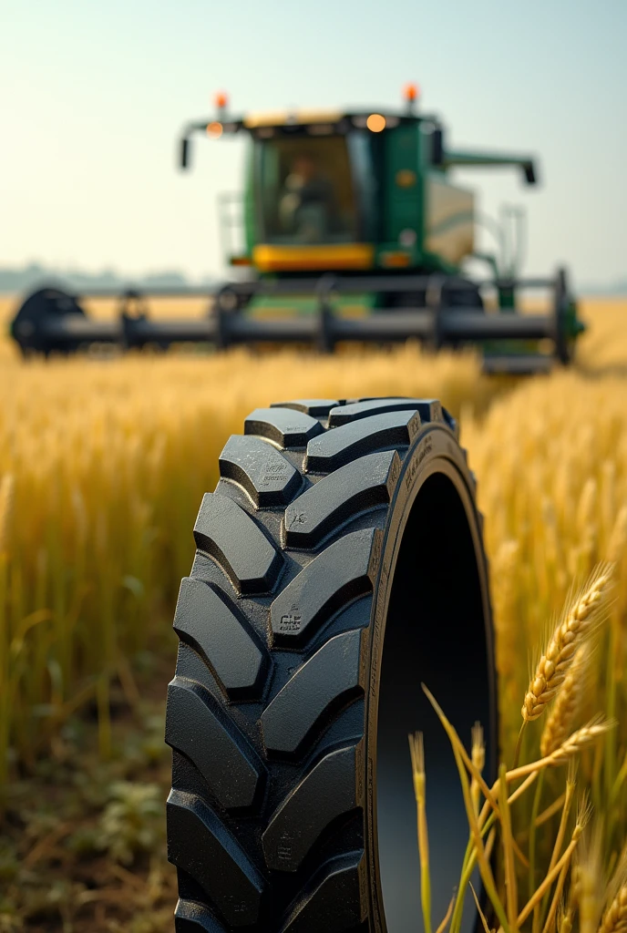 
I need a rubber agricultural belt from the Continental brand and in the background a harvester harvesting in the field, the ultra realistic image