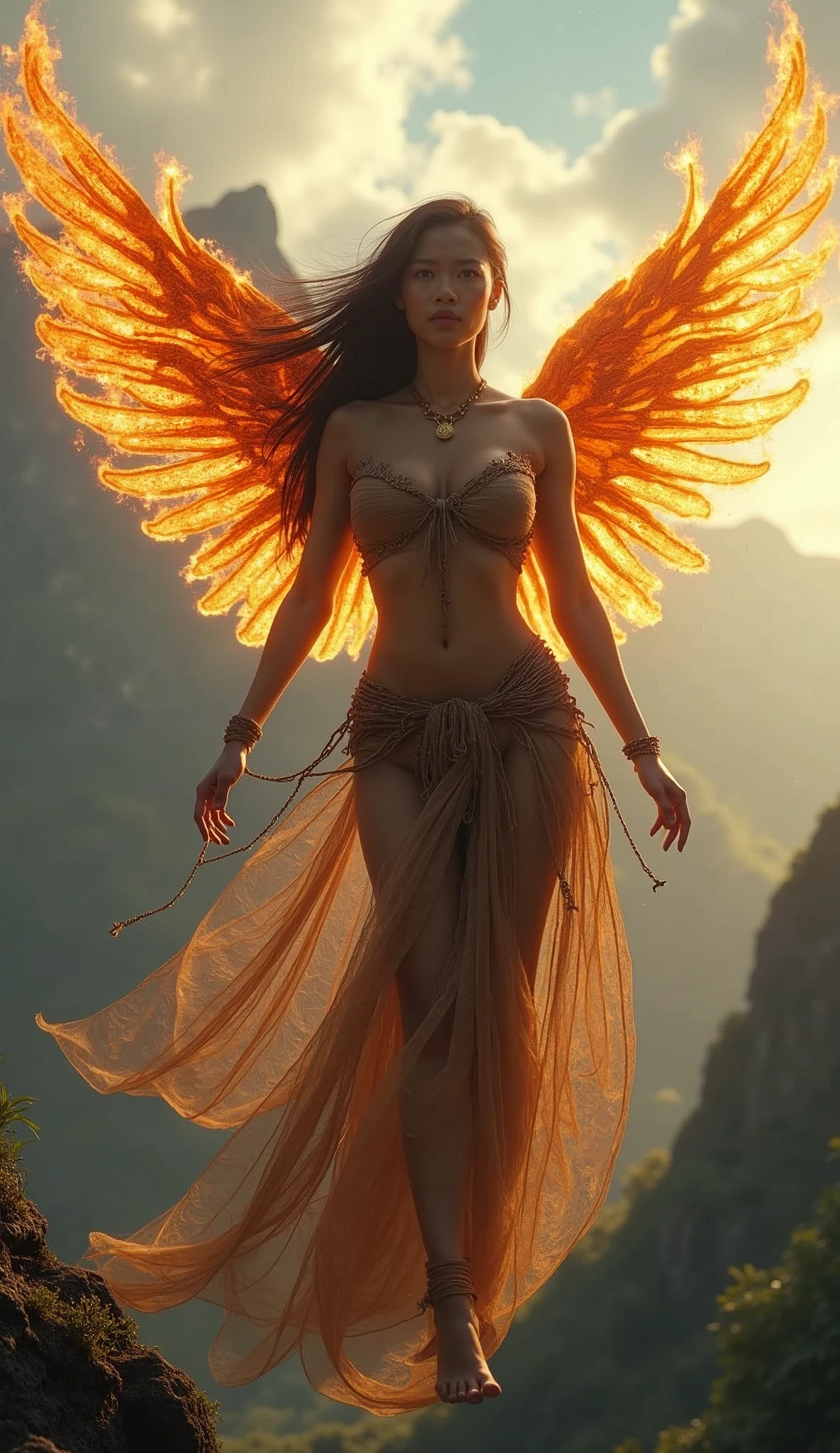 Naked, nude, topless, A woman wearing a shawl made of iron, big and sexy breasts, super sexy, beautiful, with wings made of fire, holding a sword, wearing a white skirt of very long chains dull rust, chains, above the sky, flying over the mountains, hovering, with a shooting angle from the front, very realistic, sci-fi fantasy, cenematic, (complex detail: 0. 9), (hdr, hyperdetail: 1.2), RAW, Sony Alpha a9 II, 24-105mm f/4, HDR, indonesian woman