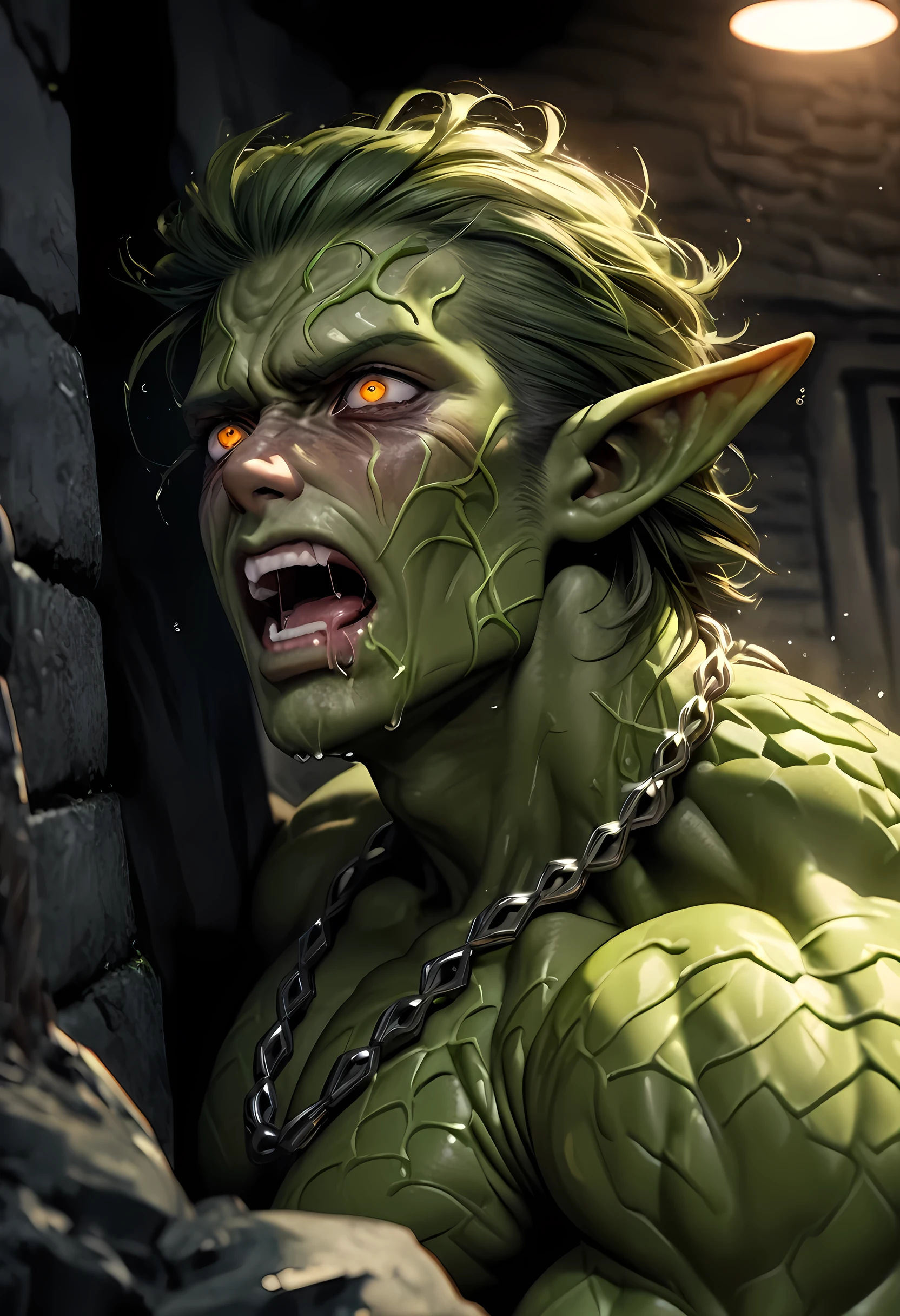 (((intricate design))) (((professional))) (((clear focus))) (((32k UHD Resolution))) (((photorealistic))) (((hyper-detail))) (((masterpiece))), ultra-realistic, expressive eyes, perfect face, mesmerising eyes, perfectly detailed anatomy, low contrast, a digital render (((Volumetric lighting))) (((natural lighting))) (((nighttime))) (((1Male))) (((Bodybuilder))), (((muscular))), (((hyper pecs))) there is a sexy mature man with green paint on his body, slick shaved sides hairstyle, ((thighs)) bodily fluids, round butt, green coloured skin, gay, green skin! (((green coloured skin!!))), (((green skin))). (((green-skinned))), (((wearing BDSM gear))) ((green skin with scales)), ((green skin)), windy, (((greenish skin))) plantation on the male body, fluorescent green skin, (((radiant orange eyes))), extremely windy, leaves falling (((a powerful nature deity))), elf ears, druid magic, green gem necklace, hot reptile muscular humanoid man, scales, muscular green body. Glowing veins, nature spirit, wrapped in a cocoon, wet, oily, sweaty (((inside dirty house)) (((terrified expression))) blushing, drooling, in a trance, mouth open, intense struggle, 