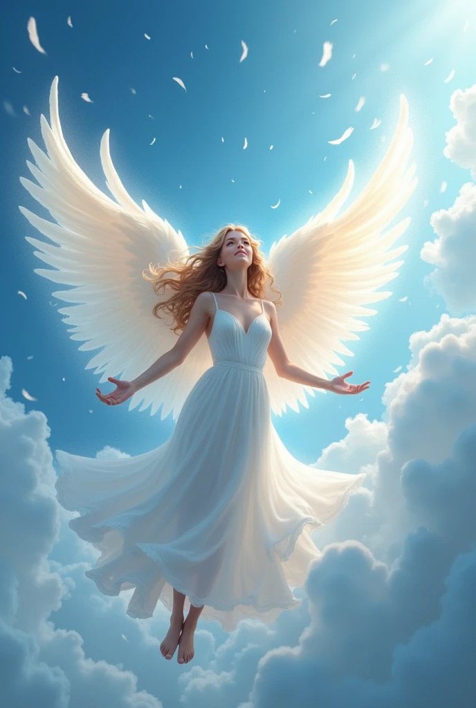 Open your arms in the blue sky、Beautiful female angel looking down with a loving smile