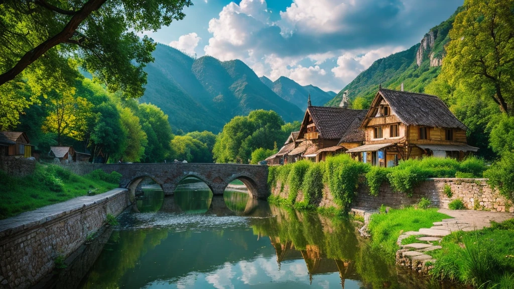 Hungarian ancient village, mystical nature, Rivers, Mountains and forests, waterfall, cloud, Photorealistic photos, It's not 8k. Aerial view.