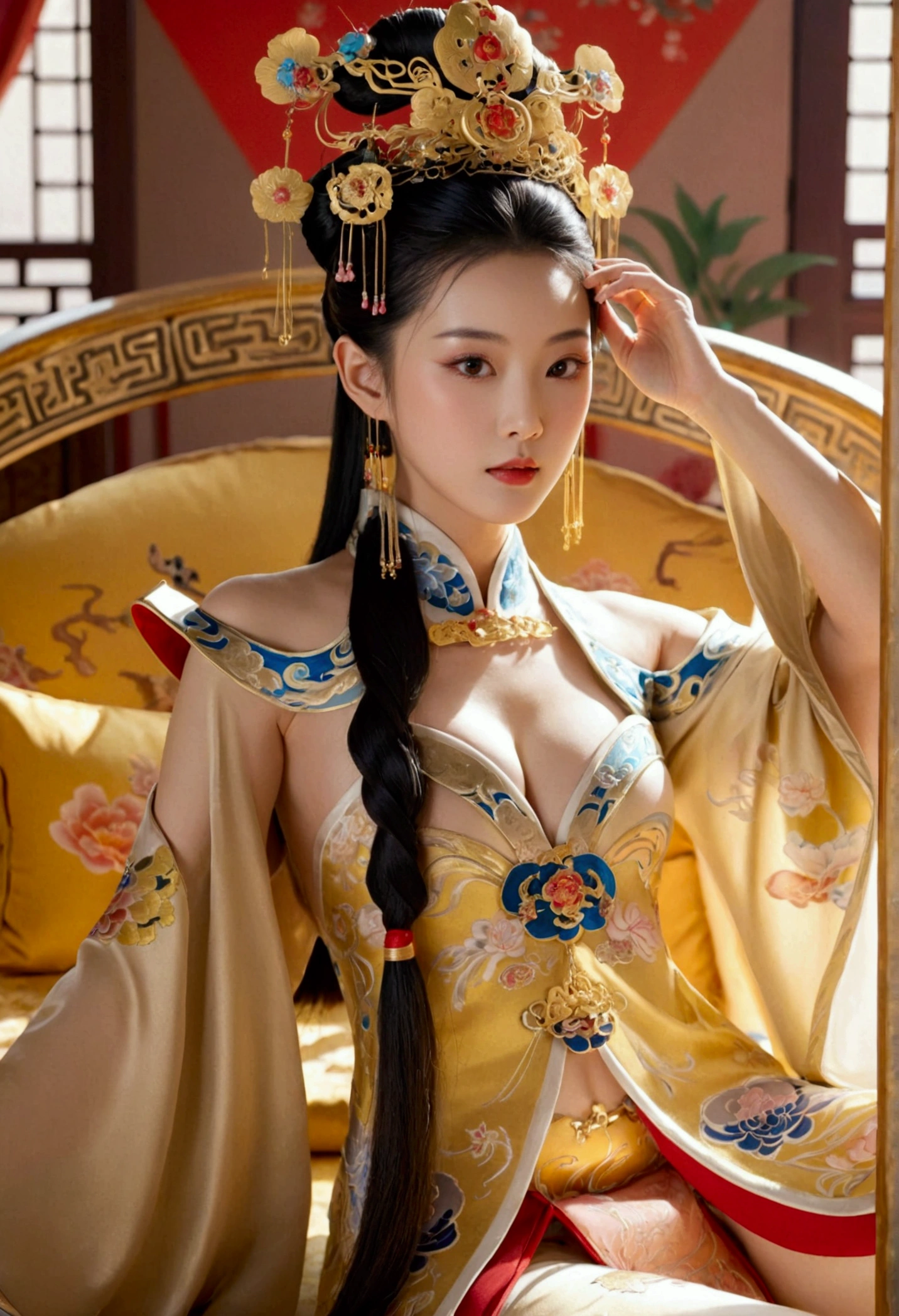 A gorgeous empress of the Chinese court during the Qing Dynasty, naked with big breasts on a golden sofa, spreading one's legs open wide with knees bent,creating the shape of the letter M(Porn Pose) A gorgeous Chinese imperial empress with her hair tied on both sides and wearing a crown、Background of kinky and erotic woman tying her hair、The story is set in the luxurious rooms of an empress in the Chinese imperial court during the Qing dynasty.。